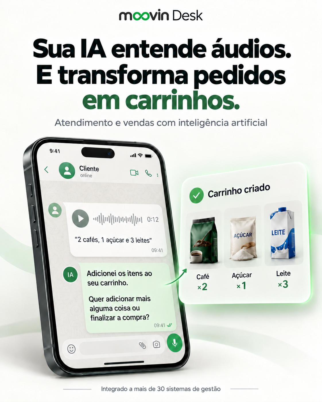 Moovin Desk entende áudios no WhatsApp e transforma pedidos em carrinhos de compras
